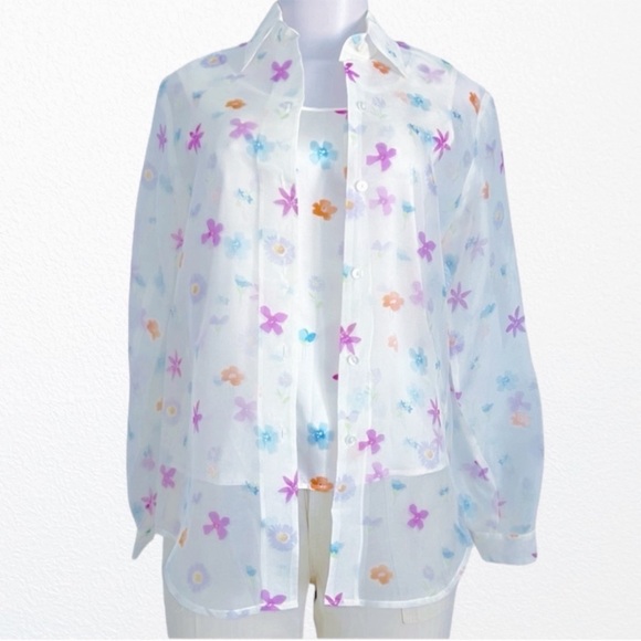 Ishyu Butterfly Print Silk 2 piece Silk Blouse Set SZ 4 White + Multi - Picture 1 of 12